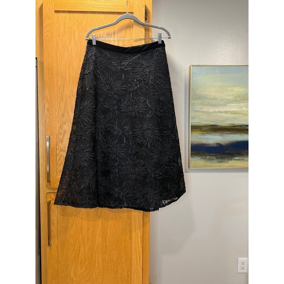 Eva Franco Dresses & Skirts - Eva Franco Beaded Black Floral Midi Skirt Velvet Waistband A-Line Size 6 Luxury